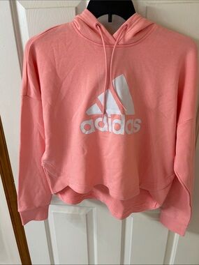 adidas Women's Coral Pink Cropped Hoodie with White Logo